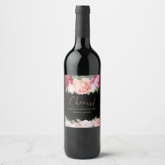 Rótulo De Garrafa De Cerveja Casamento Negro Rosa-Rosa Floral Elegante Obrigado