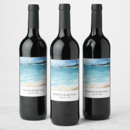 Rótulo De Garrafa De Cerveja Casamento no Destino de Praia Oceânica com Aquarel
