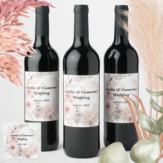 Rótulo De Garrafa De Cerveja Casamento Personalizado Floral Seco Blush Boho (Set the tone for your romantic celebration with our elegant boho blush & beige wedding suite)