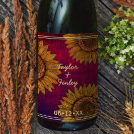 Rótulo De Garrafa De Cerveja Casamento Personalizado Rustic Burgundy Art Sunflo