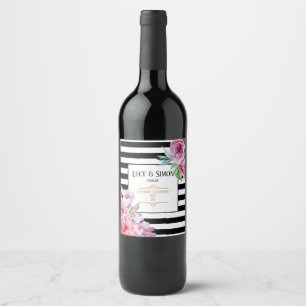 Rótulo De Garrafa De Cerveja Casamento preto e branco floral cor-de-rosa da