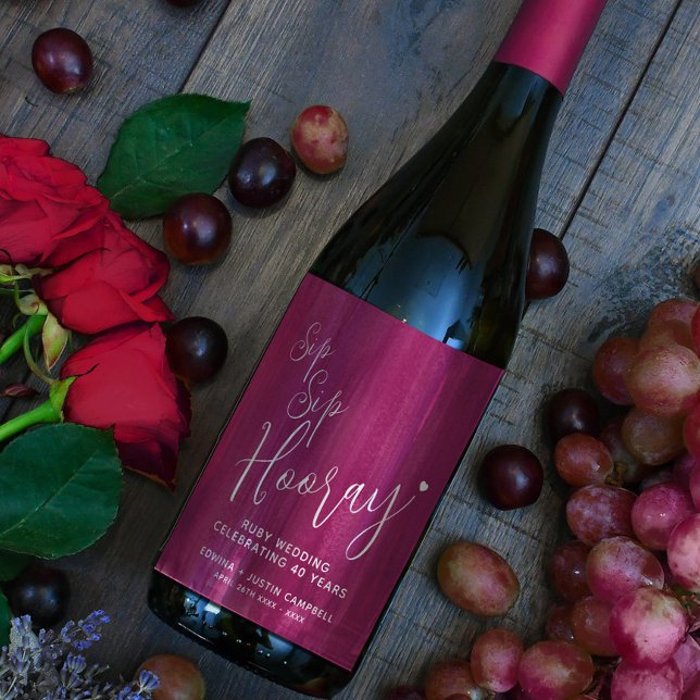 Rótulo De Garrafa De Cerveja Casamento rubi de Sip Hooray Ruby Aniversário 40º  (Criador carregado)