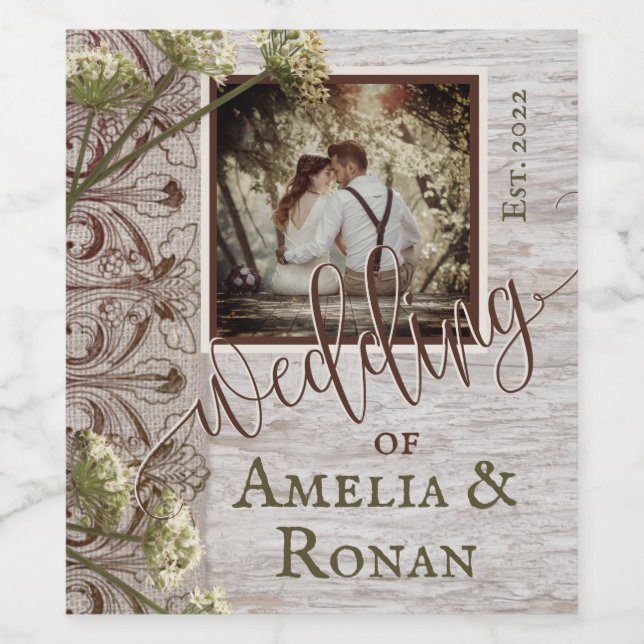 Rótulo De Garrafa De Cerveja Casamento Rustic Wood and Burlap (Rótulo Único)