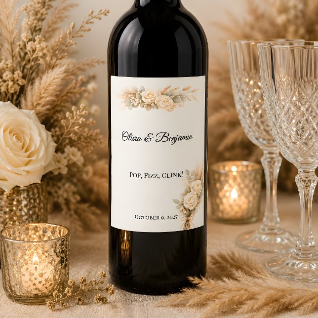 Rótulo De Garrafa De Cerveja Casamento Rústico de Luxo Com Rosas Marfim (Part of the luxury rustic wedding theme collection, wine labels)