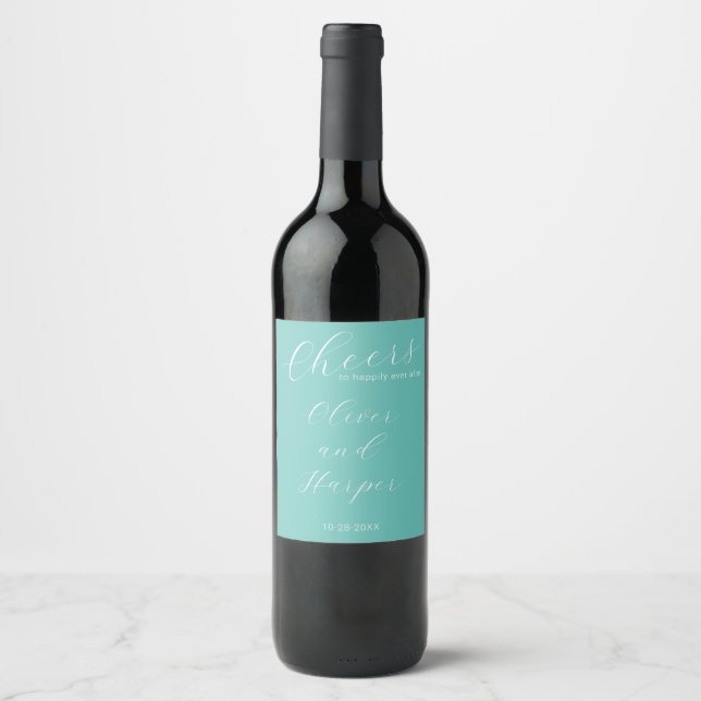 Rótulo De Garrafa De Cerveja Casamento Simples Elegante em Escrita Teal (Frente)