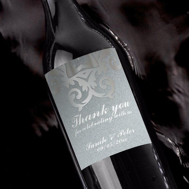 Rótulo De Garrafa De Cerveja Casamento tema damasco de prata barroca elegante (Criador carregado)