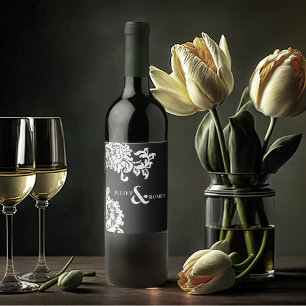 Rótulo De Garrafa De Cerveja Casamento tema damasco Elegante preto e branco mod