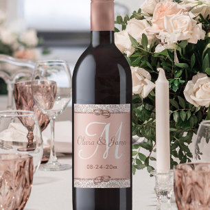 Rótulo De Garrafa De Cerveja Casamento tema damasco Rosa de Monograma Dourado