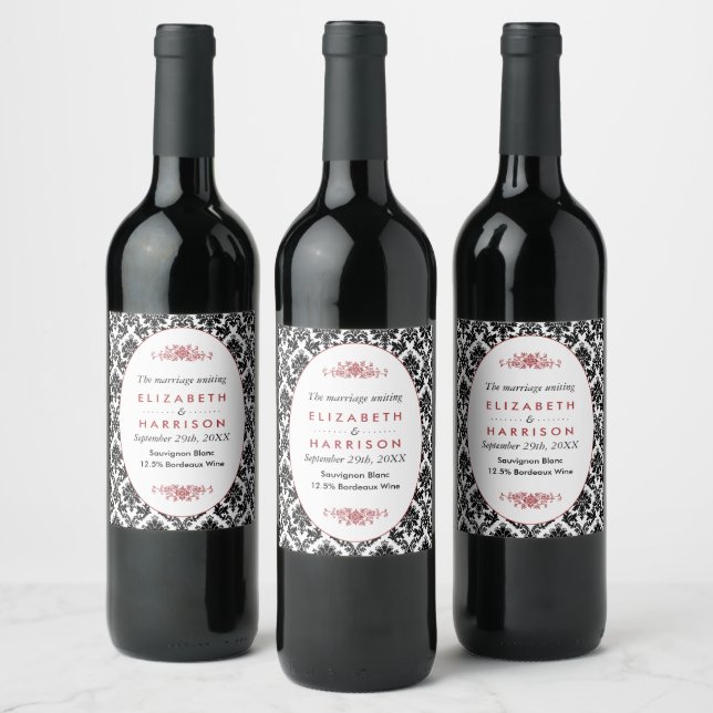Rótulo De Garrafa De Cerveja Casamento tema damasco vermelho, preto e branco (Garrafas)