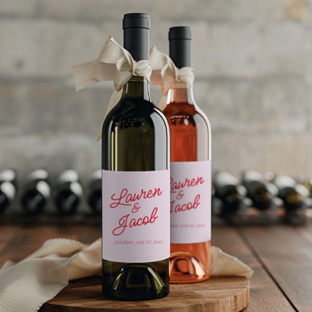 Rótulo De Garrafa De Cerveja Casamento Vermelho e Rosa Mínimo Moderno (Criador carregado)