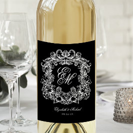 Rótulo De Garrafa De Cerveja Casamento Vintage Monograma Crista Elegante Preto 