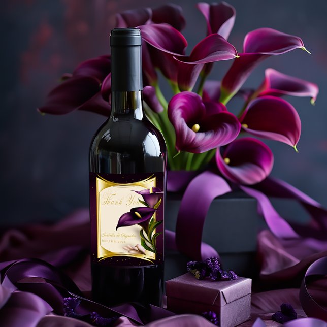 Rótulo De Garrafa De Cerveja Casamento violeta violeta e púrpura Calla Lily (Elegant Gold and Purple Wine and Beverage Labels)