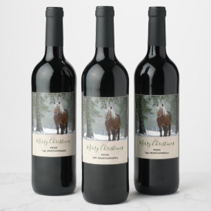 Rótulo De Garrafa De Cerveja Cavalo castanho cênico no Natal de uma Floresta d
