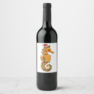Rótulo De Garrafa De Cerveja Cavalo-Marinho Festivo Usando um Chapéu de Papai N