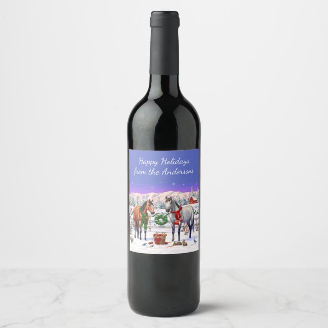 Rótulo De Garrafa De Cerveja Cavalos de Natal na neve (Frente)