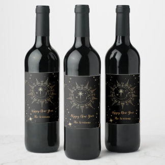 Rótulo De Garrafa De Cerveja Celestial Black e Faux Dourado Moon Sun Name