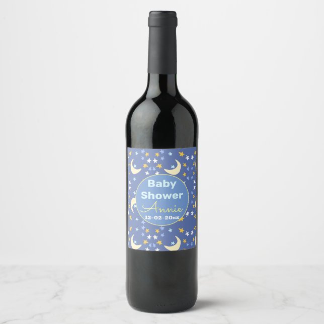 Rótulo De Garrafa De Cerveja Chá de bebê azul marinho estrela lua adicionar nom (Frente)