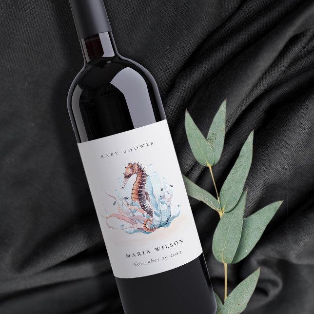 Rótulo De Garrafa De Cerveja Chá de Bebê de Cavalo-Marinho Subaquático Coral (Criador carregado)