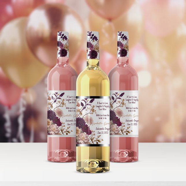Rótulo De Garrafa De Cerveja Chá de Bebê Rústico com Flores Silvestres Burgundy (Criador carregado)