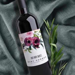 Rótulo De Garrafa De Cerveja Chá de fraldas BRILHANTE DE BURGUNDY FLORAL BRILH