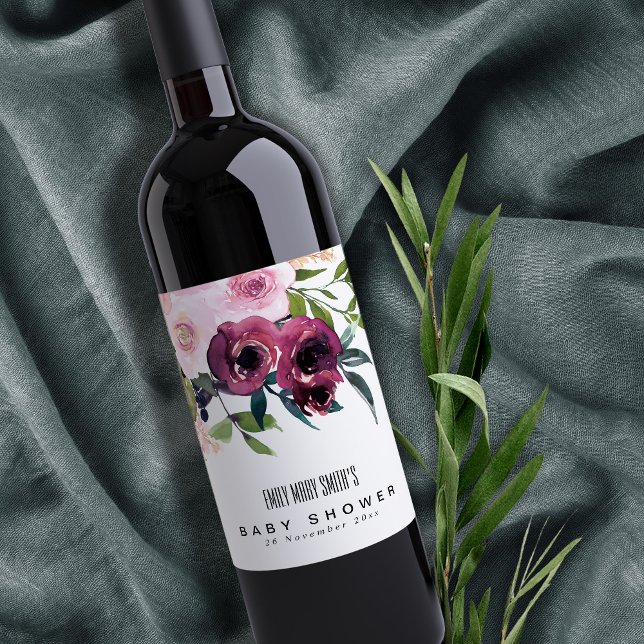 Rótulo De Garrafa De Cerveja Chá de fraldas BRILHANTE DE BURGUNDY FLORAL BRILHA (Criador carregado)