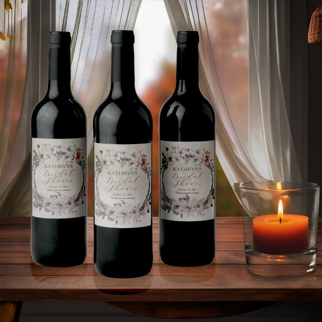 Rótulo De Garrafa De Cerveja Chá de panela Floral Boho Mudo (Boho Muted Fall Floral and Grapevine Wreath Fall in Love Bridal Shower Collection Wine Bottle Labels)