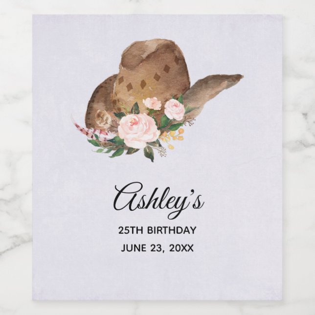 Rótulo De Garrafa De Cerveja Chapéu de Cowgirl Brown com Flores Rosa (Rótulo Único)