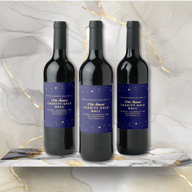 Rótulo De Garrafa De Cerveja Charity Gala Ball Silent Auction Elegante Blue Dou (Annual Charity Gala Ball Fundraiser Event Wine Bottle with Event Details, Navy Blue, Gold Stars.)