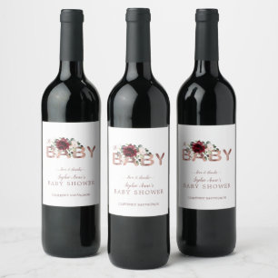 Rótulo De Garrafa De Cerveja Charm Burgundy Floral Dourado Chá de fraldas