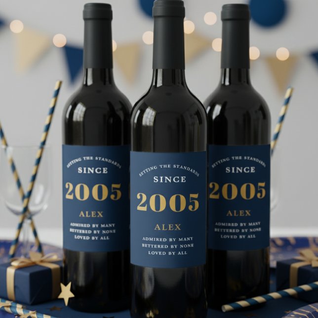 Rótulo De Garrafa De Cerveja Chic Dourado Elegante Azul 2005 (Blue 21st birthday wine bottle labels.)