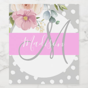 Rótulo De Garrafa De Cerveja Chic & Girly Floral Branco Rosa Cinza Monograma No
