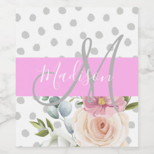 Rótulo De Garrafa De Cerveja Chic & Girly Floral Branco Rosa Cinza Monograma No
