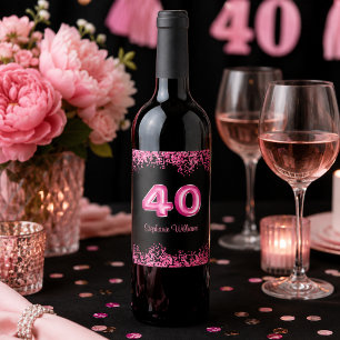 Rótulo De Garrafa De Cerveja Chic Preto Rosa Brilho Falso Aniversário de 40 ano