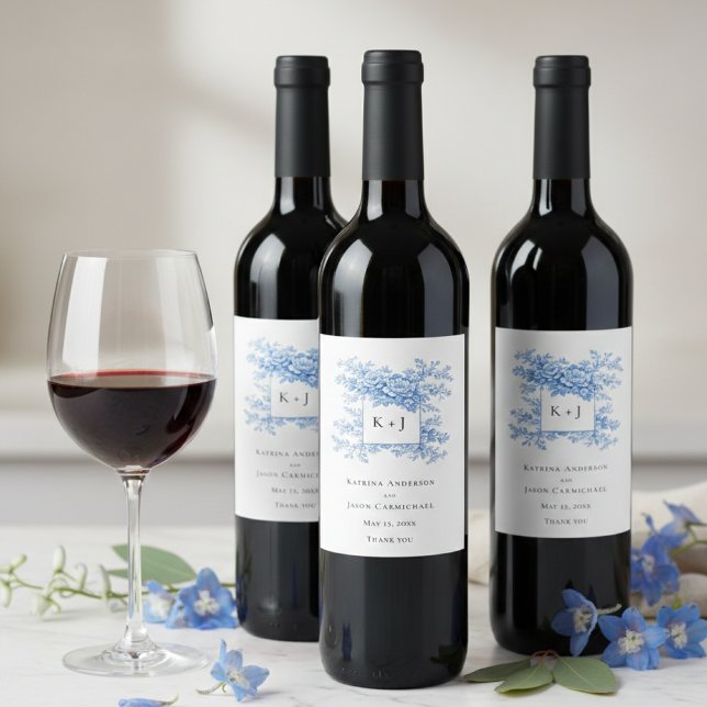 Rótulo De Garrafa De Cerveja Chinoiserie Blue Floral Classic Wedding Monogram (Criador carregado)