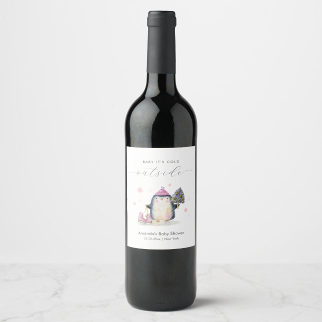 Rótulo De Garrafa De Cerveja Chuva de Bebê Esquilo Florestal de Inverno Rosa (Frente)