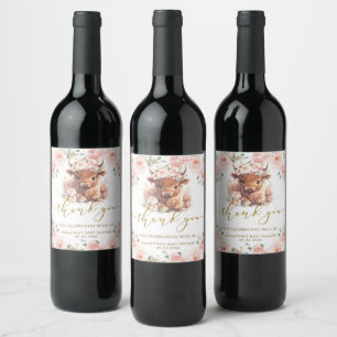 Rótulo De Garrafa De Cerveja Chuva de Bebê Floral Rosa Vaca das Terras Altas Fo