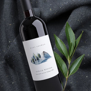 Rótulo De Garrafa De Cerveja Chuva de Bebê Montanha Floresta de Pinheiros Azul 