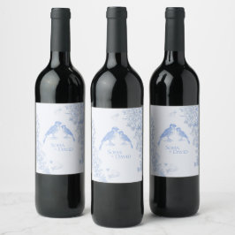 Rótulo De Garrafa De Cerveja Clássico Casamento de Pássaros Florais Branco Azul