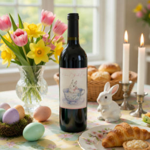 Rótulo De Garrafa De Cerveja Coelhinho de Aquarela em Teacup   Rótulo do Vinho 