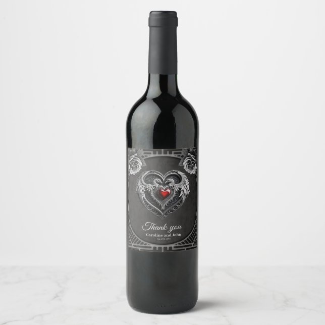 Rótulo De Garrafa De Cerveja Coração prateada com asas (Frente)