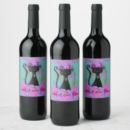 Rótulo De Garrafa De Cerveja Coroa de flor de gato preto sentada em rosas rosa