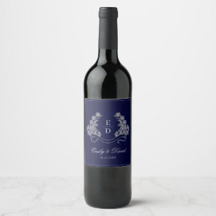 Rótulo De Garrafa De Cerveja Crest Floral Elegante Monograma Naval de Casamento