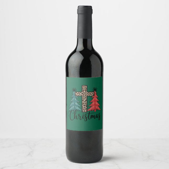 Rótulo De Garrafa De Cerveja Cruz de Leopardo Árvores de Natal Cristão  (Frente)