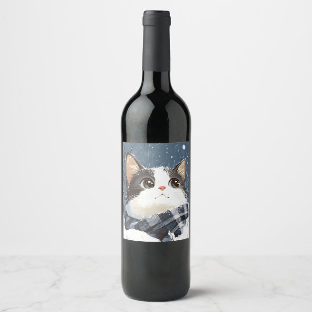 Rótulo De Garrafa De Cerveja Cute cat cozy winter snow (Frente)