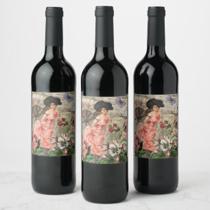 Rótulo De Garrafa De Cerveja Dama do Café Mulher Vitoriana Rosa Vestido Rico