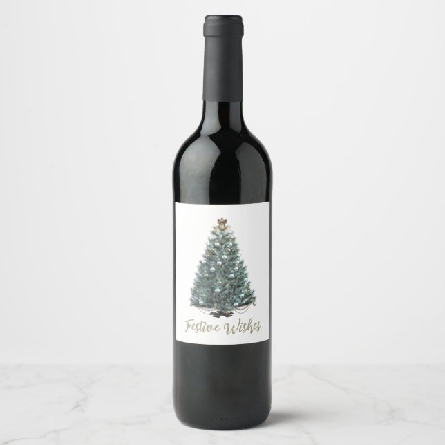 Rótulo De Garrafa De Cerveja Desejos Festivos. Desenho de árvore de Natal (Frente)