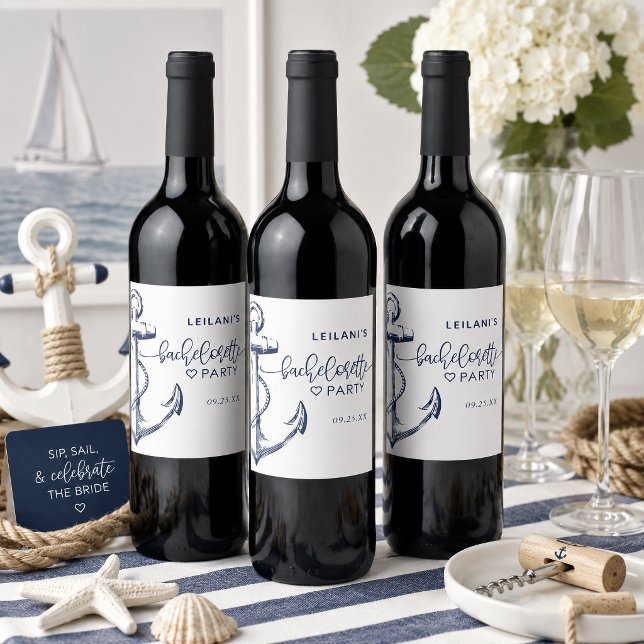 Rótulo De Garrafa De Cerveja Despedida de Solteira Âncora Náutica Branco (Nautical Anchor Bachelorette Navy Blue design is perfect for the beach bride-to-be.
)
