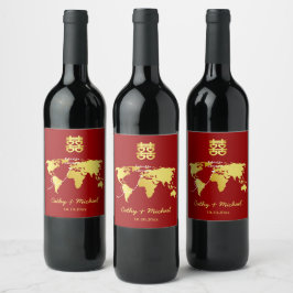Rótulo De Garrafa De Cerveja destino do mapa vermelho e dourado casamento chinê