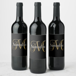 Rótulo De Garrafa De Cerveja Dourado Preto Metálico Curls Assinatura M Monogram
