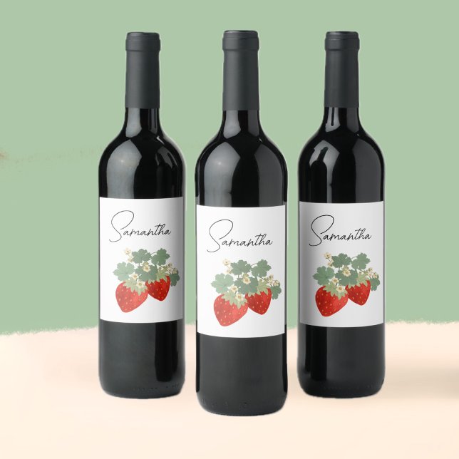 Rótulo De Garrafa De Cerveja Duas Morangos Vermelhos com Folhas e Flores | Frut (Criador carregado)